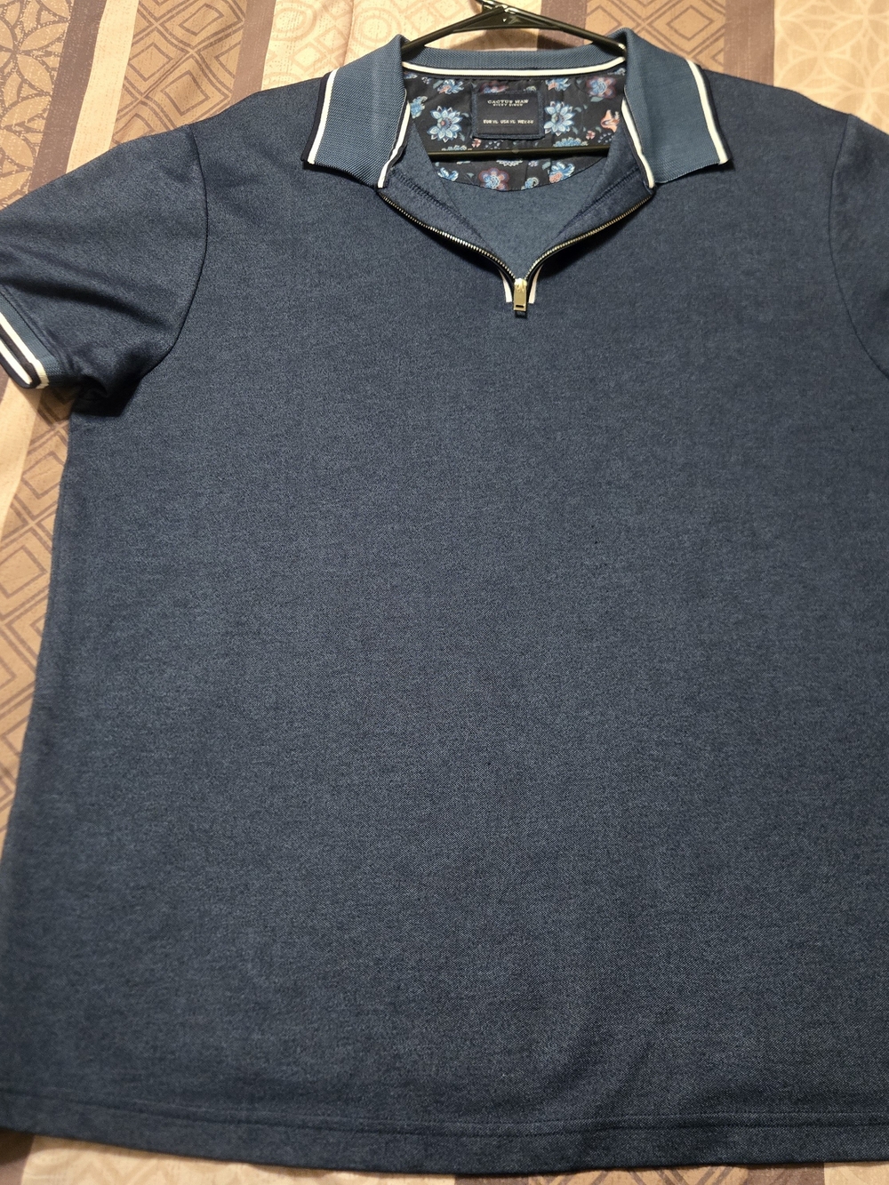 XL Cactus Navy Short-Sleeve Polo with Contrast Zip Collar